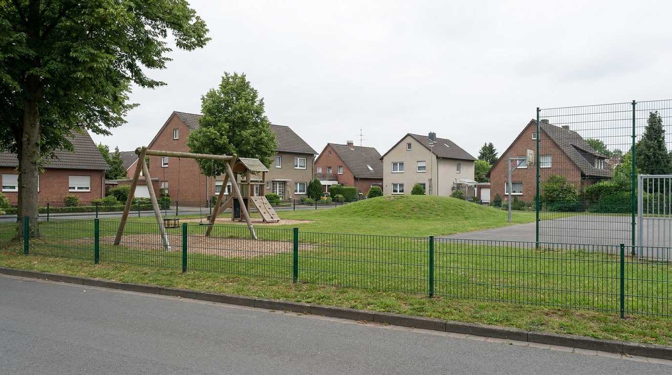 A children's play area seen from a distance across a residential street, with a sledding hill mound and a small ball court visible behind a low fence, no people present