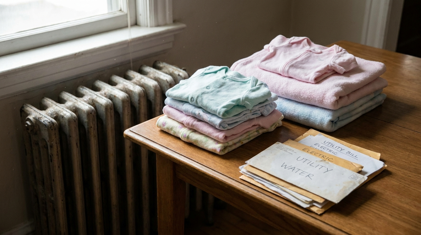 Folded baby clothes and a small stack of household utility bills resting together near a radiator