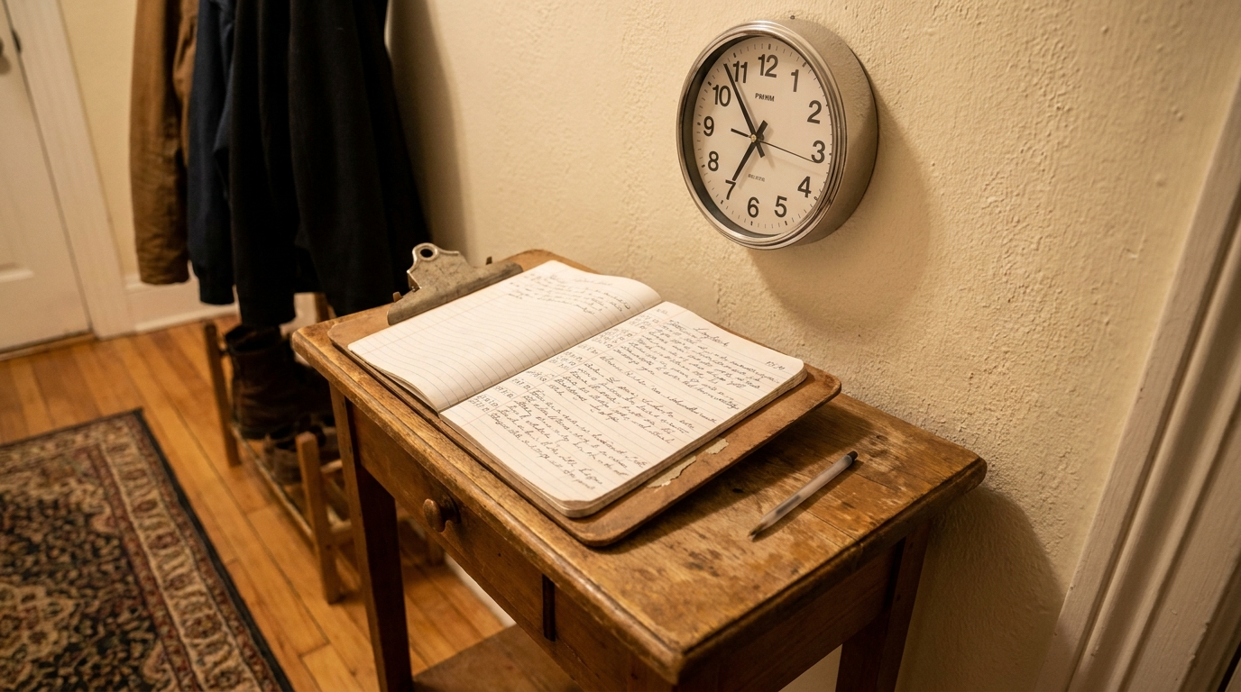 A handwritten log on a clipboard with a pen resting on it, next to a wall clock reading a late evening hour, on a small hallway table