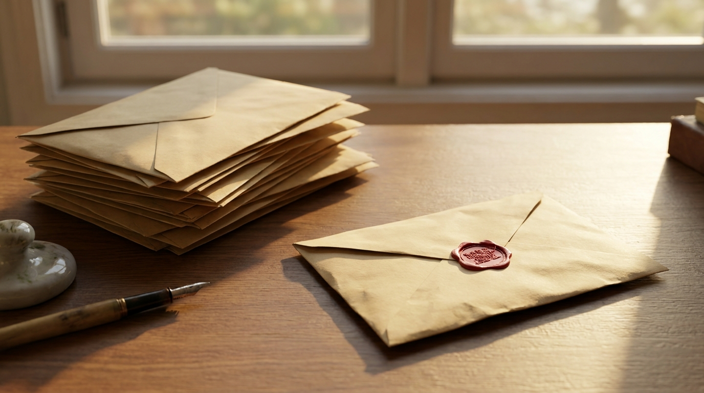 A stack of official envelopes with one stamped in red set apart from the rest