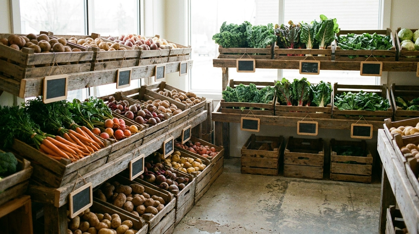 Wooden crates of fresh organic vegetables and fruit on display inside a bio supermarket