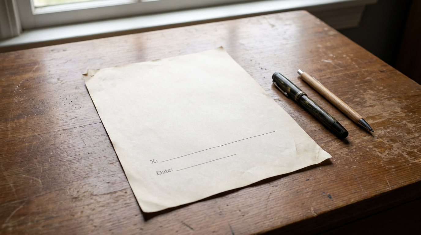 A blank legal document with two signature lines and two pens resting side by side on a wooden desk