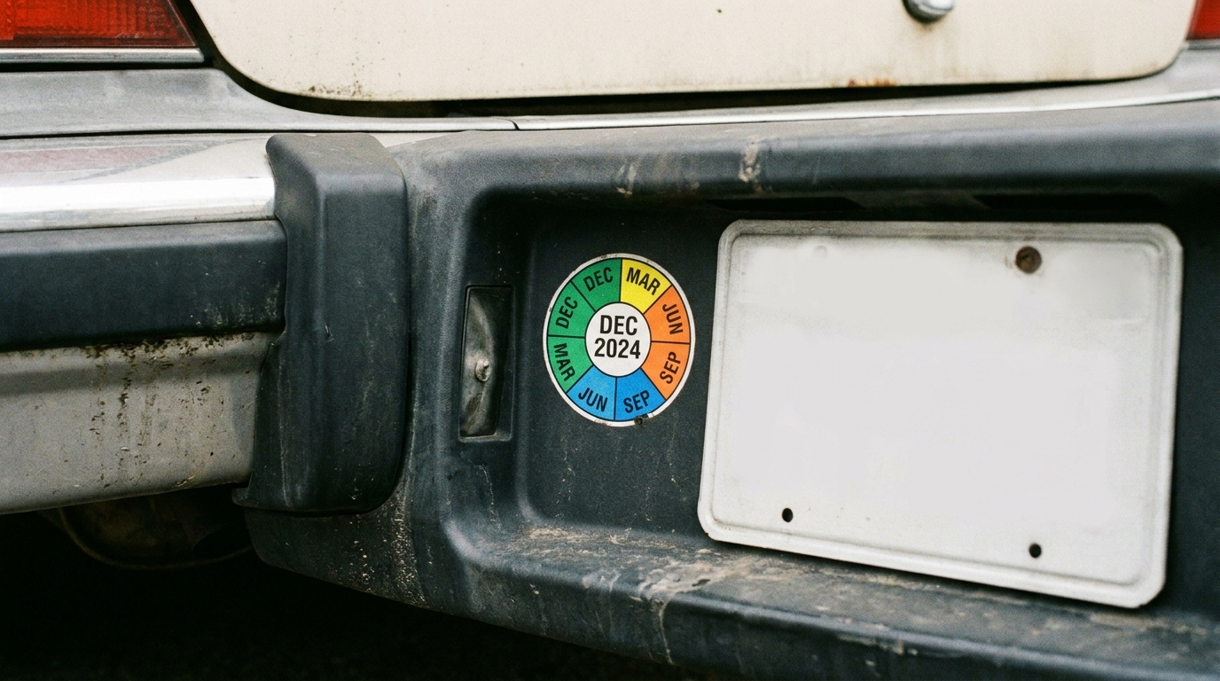 A close-up of a car's rear license plate showing the round inspection sticker with its date and color coding