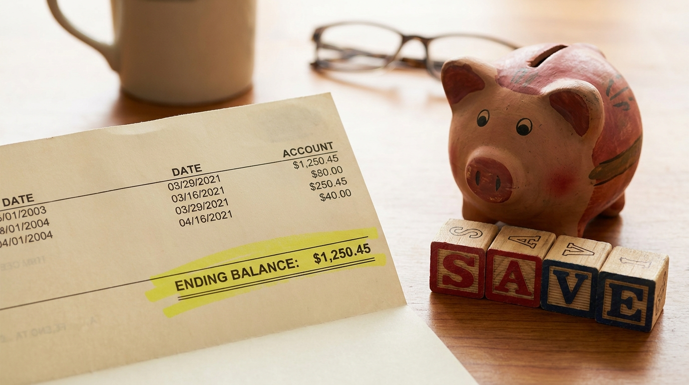 A bank statement with a highlighted balance line resting next to a small piggy bank and a child's building blocks