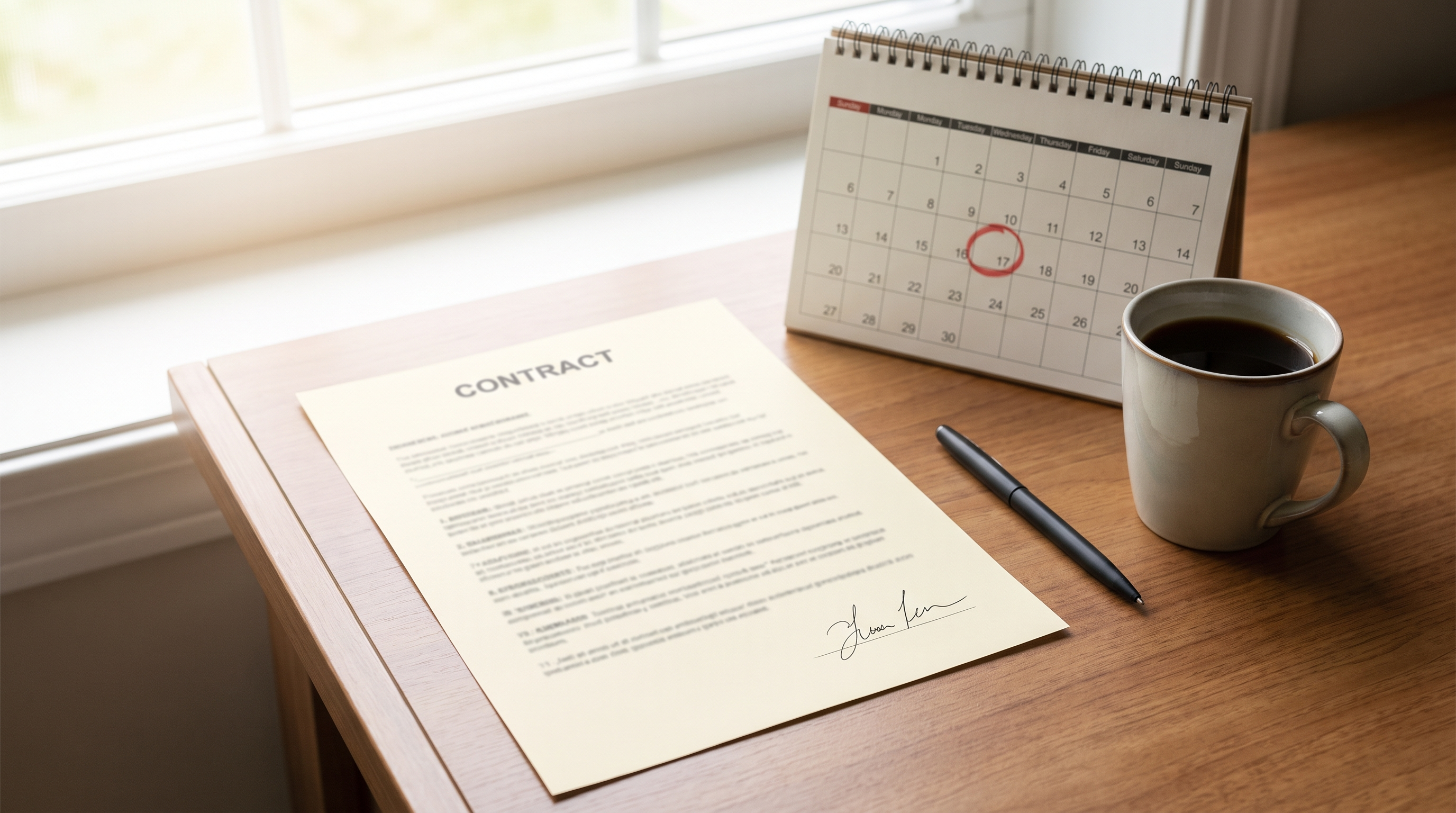 A signed employment contract and a desk calendar with a date circled, next to a pen and a coffee cup