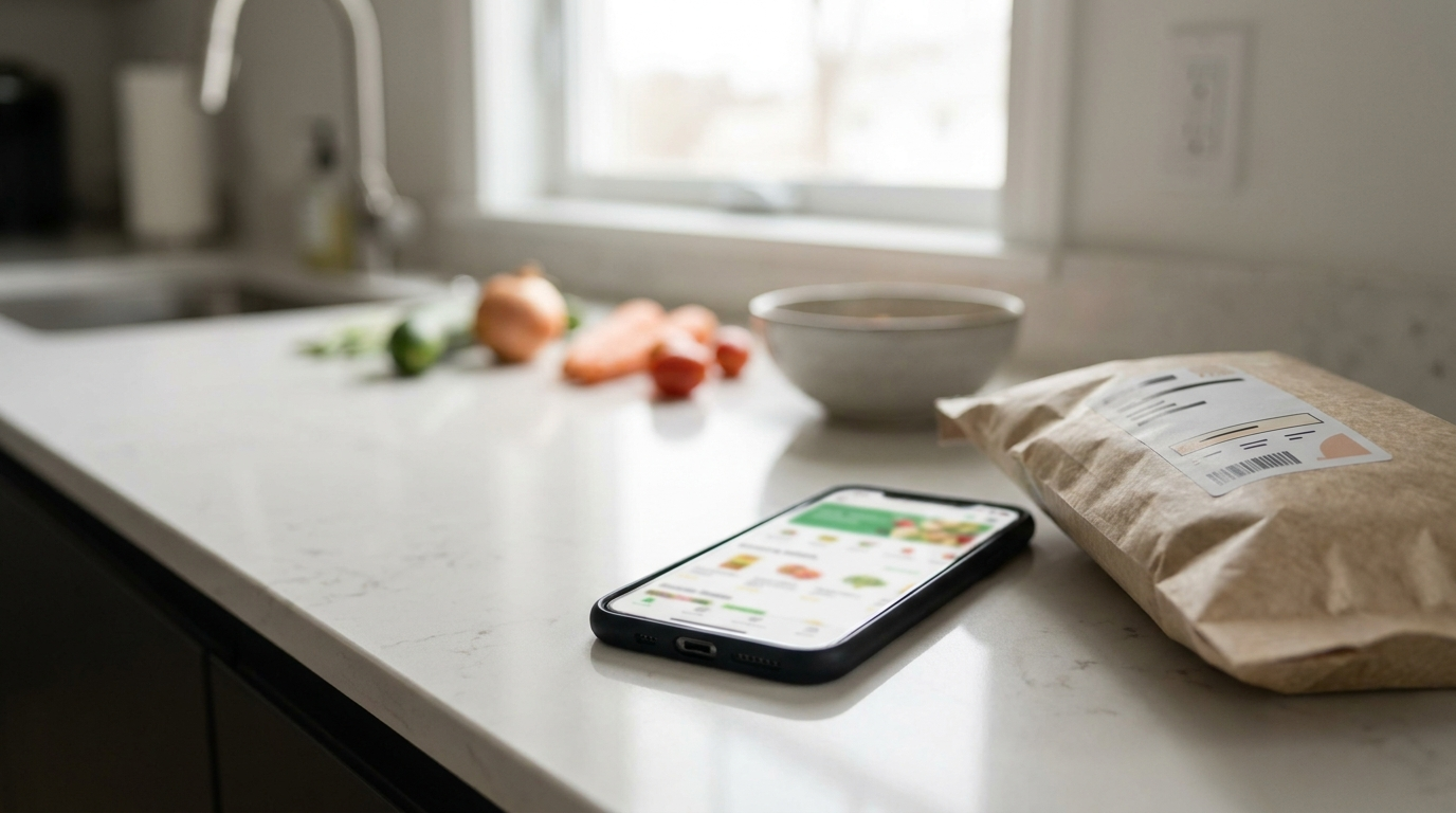 A smartphone showing a grocery app on a kitchen counter beside a delivered food package