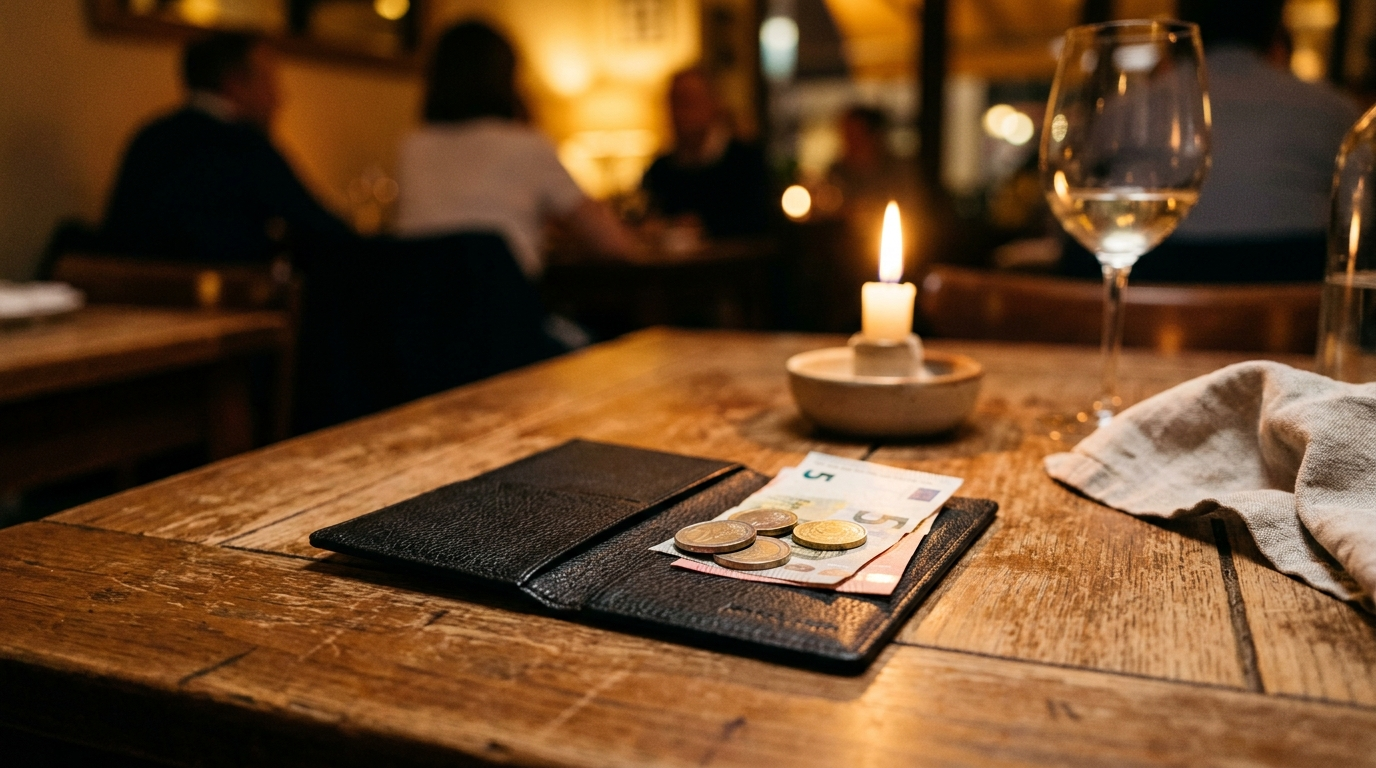 A restaurant bill folder with euro coins and a small banknote placed on top at a candlelit table