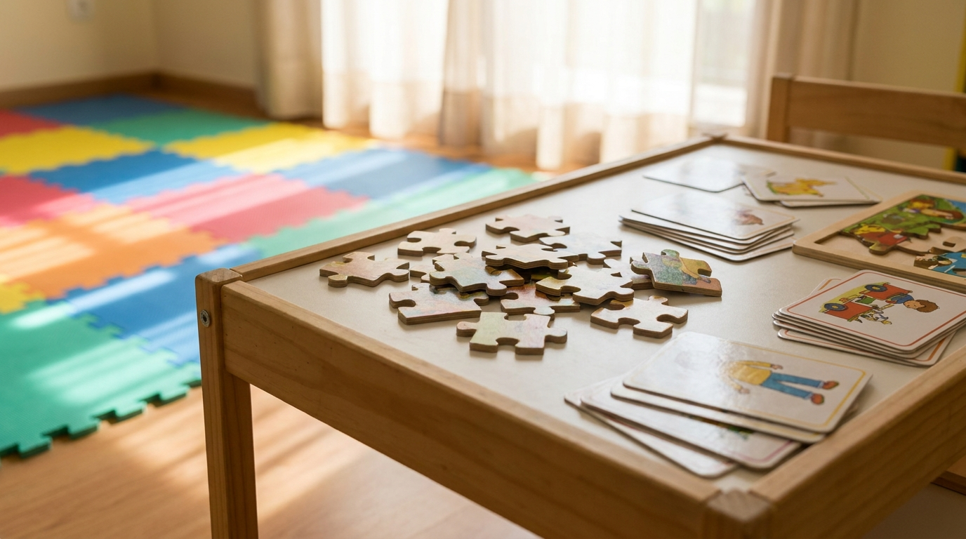 A child development therapy room table with wooden jigsaw puzzle pieces and colorful picture cards, a soft foam play mat in the background