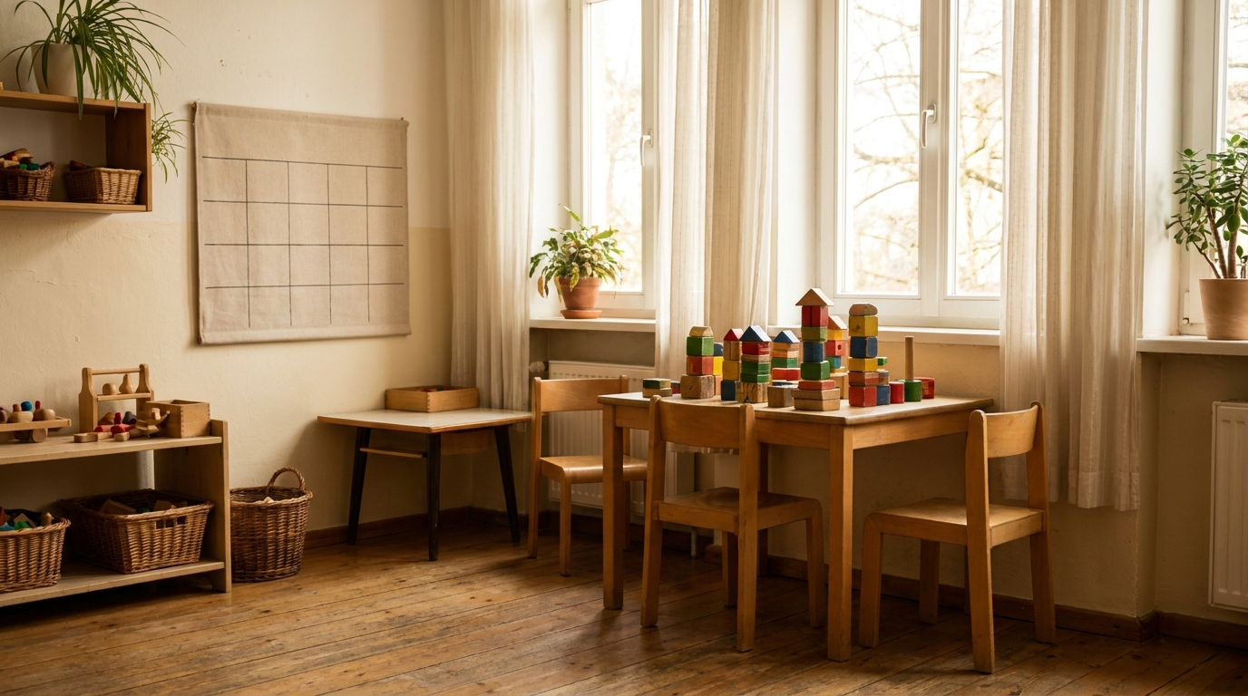 An empty, cozy German kindergarten classroom corner with small wooden chairs, colorful building blocks, and a blank wall calendar