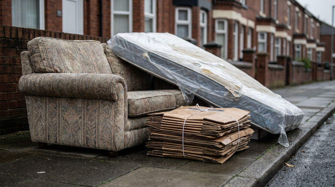 An old sofa, a mattress, and cardboard boxes placed neatly at a curbside for bulky waste collection