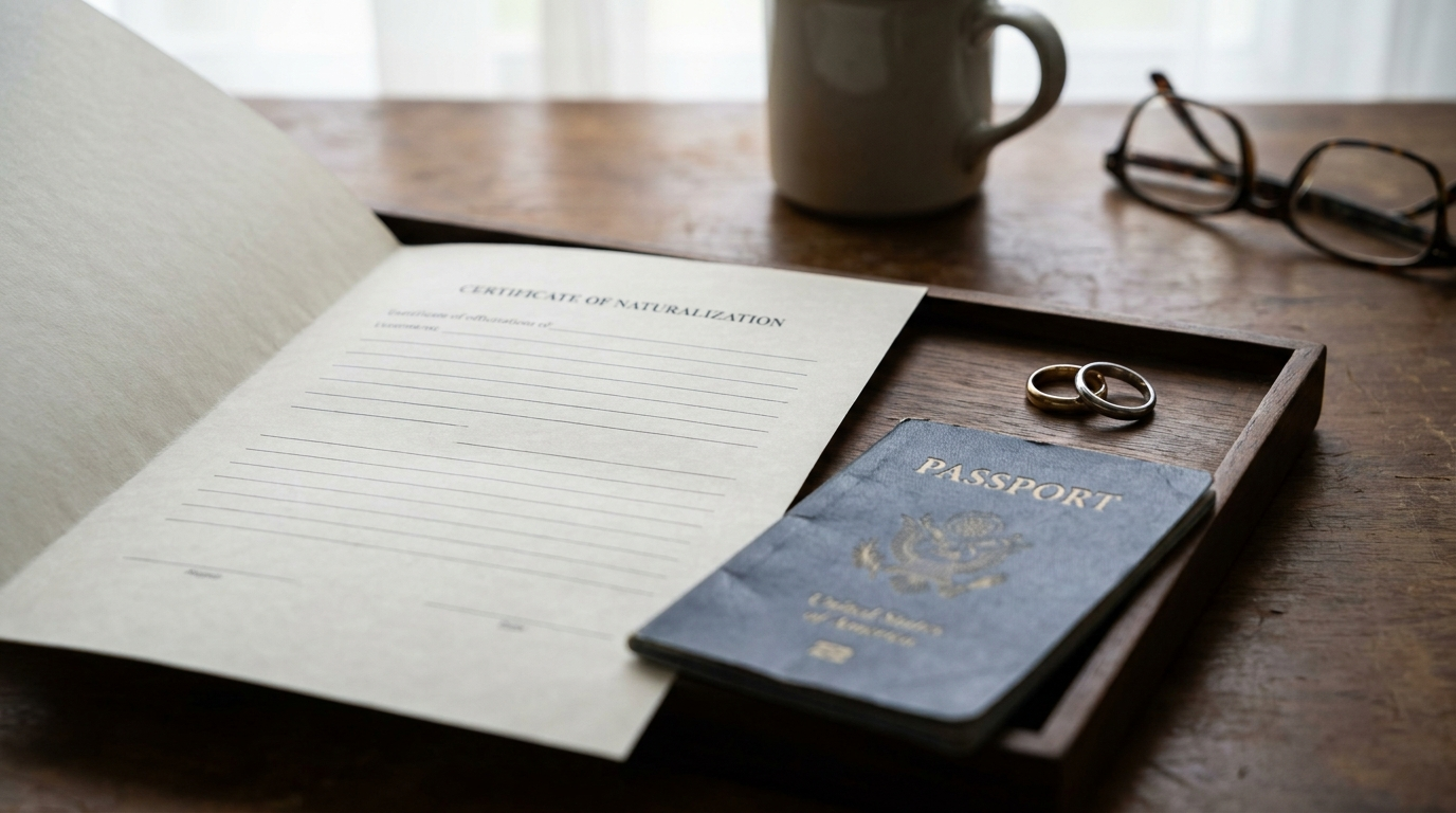 A blank naturalization certificate document next to two wedding rings and a passport on a wooden desk