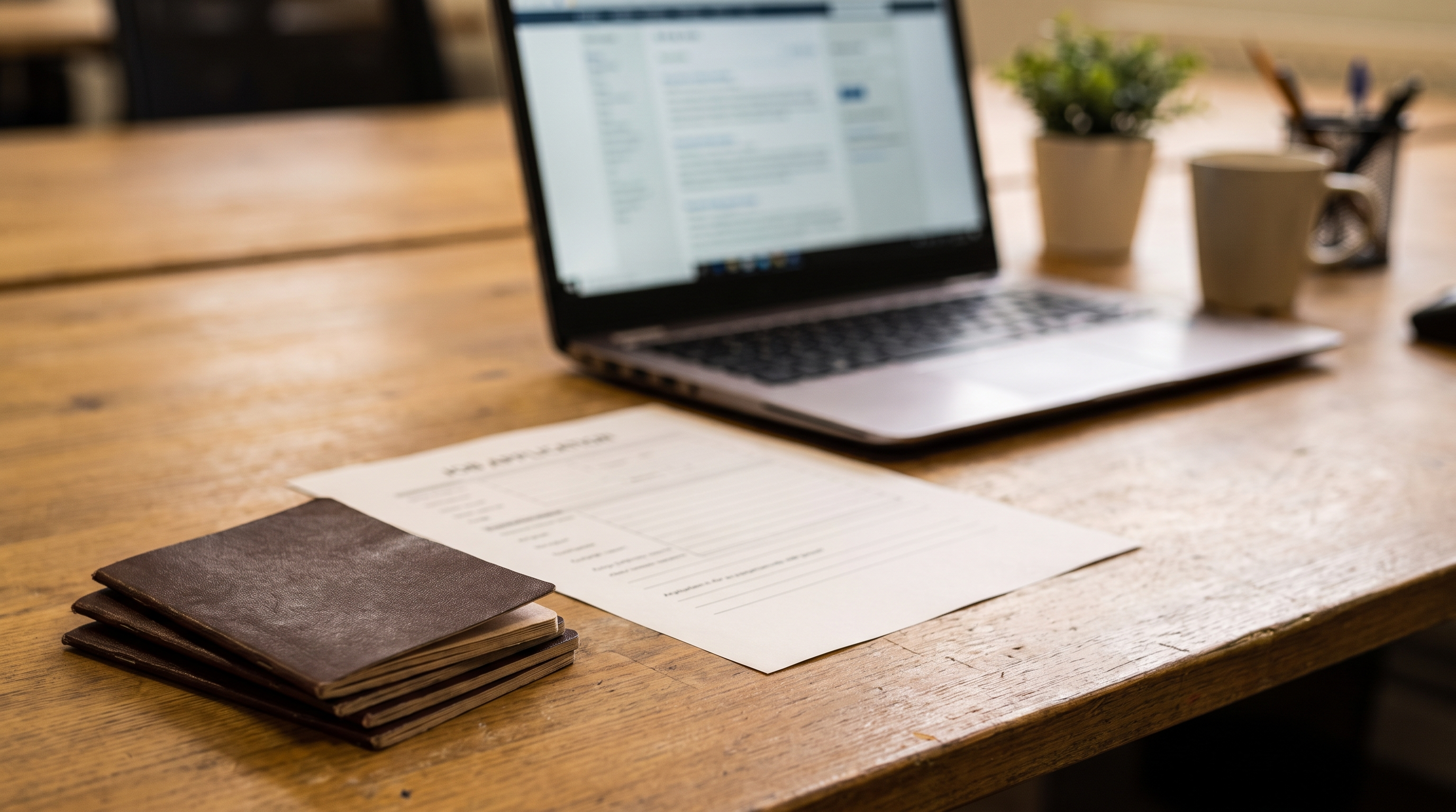 A stack of passport-style documents and a printed job application form next to a laptop showing a blurred job listings page