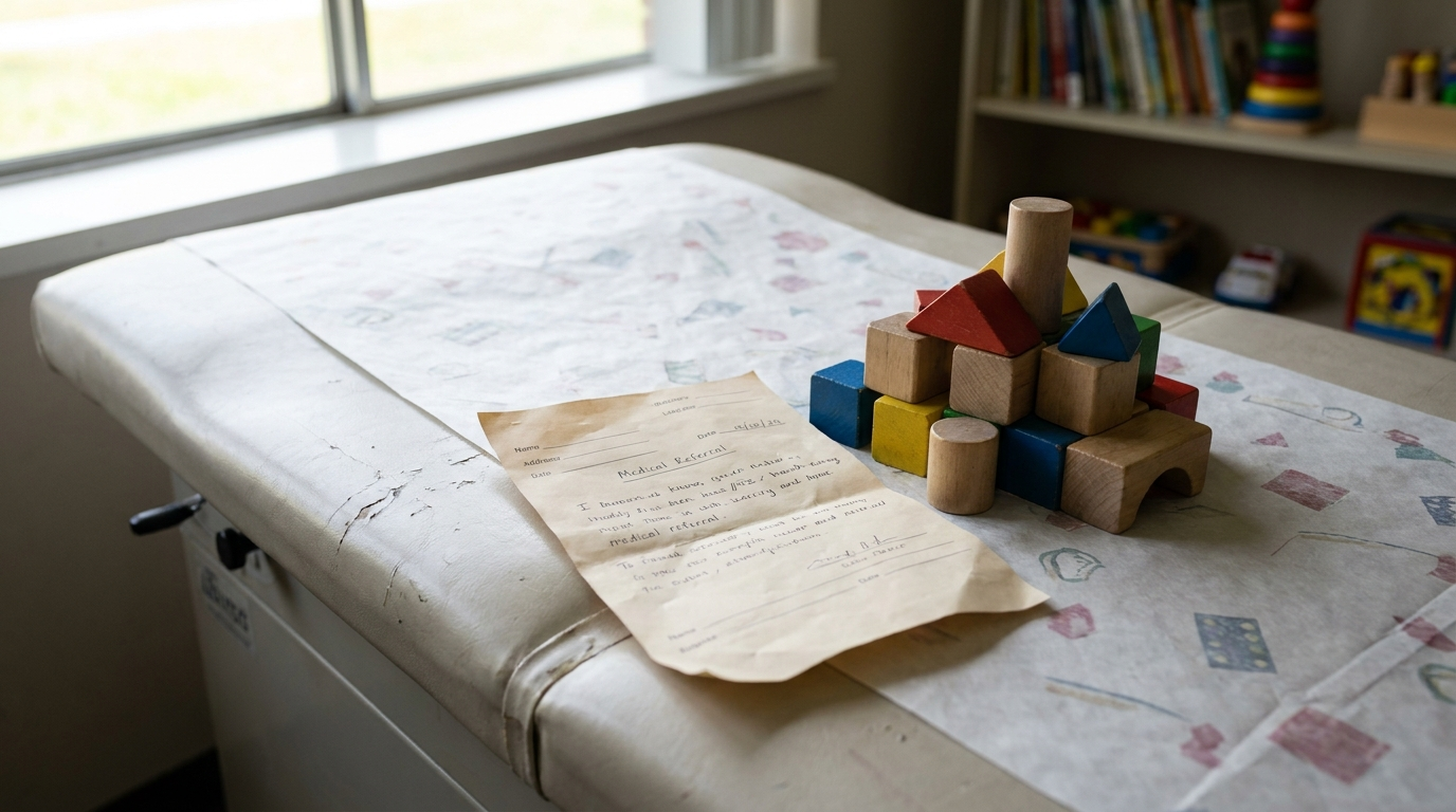 A medical referral slip and a set of wooden building blocks resting on a pediatric exam table
