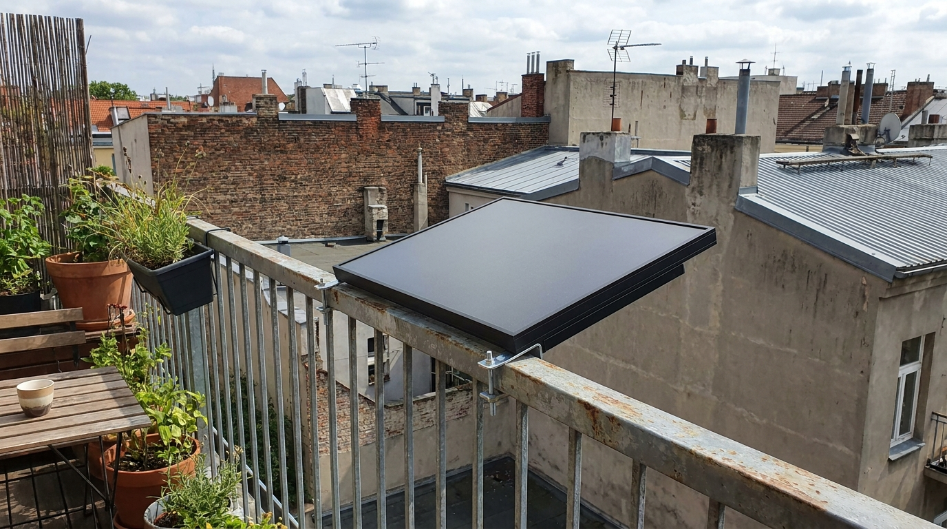 A small solar panel mounted on an apartment balcony railing with city rooftops in the background