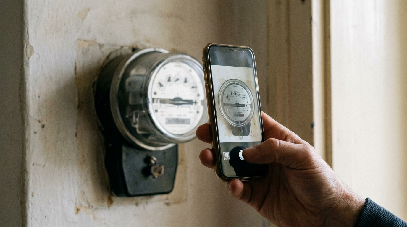 A hand holding a smartphone, photographing a utility meter dial on a wall