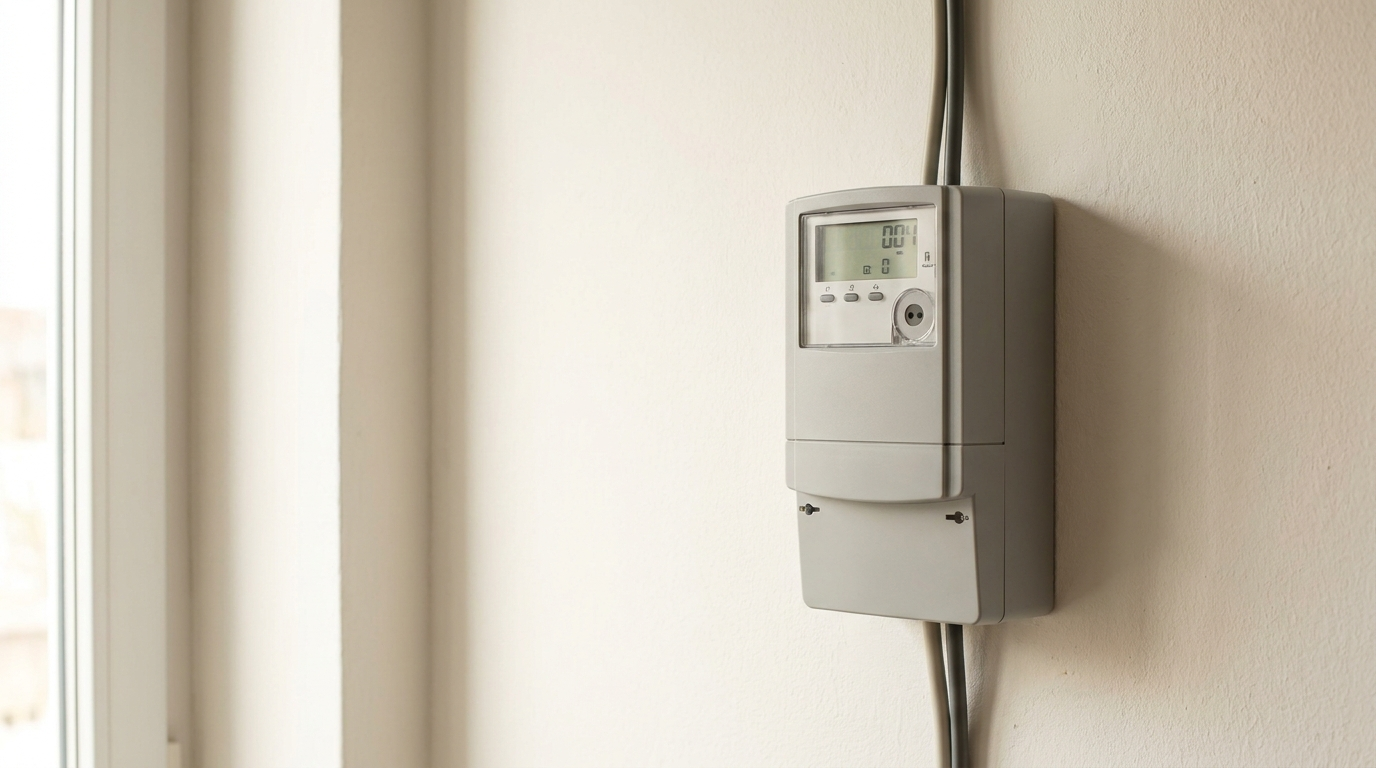 A modern electricity meter mounted on an apartment wall