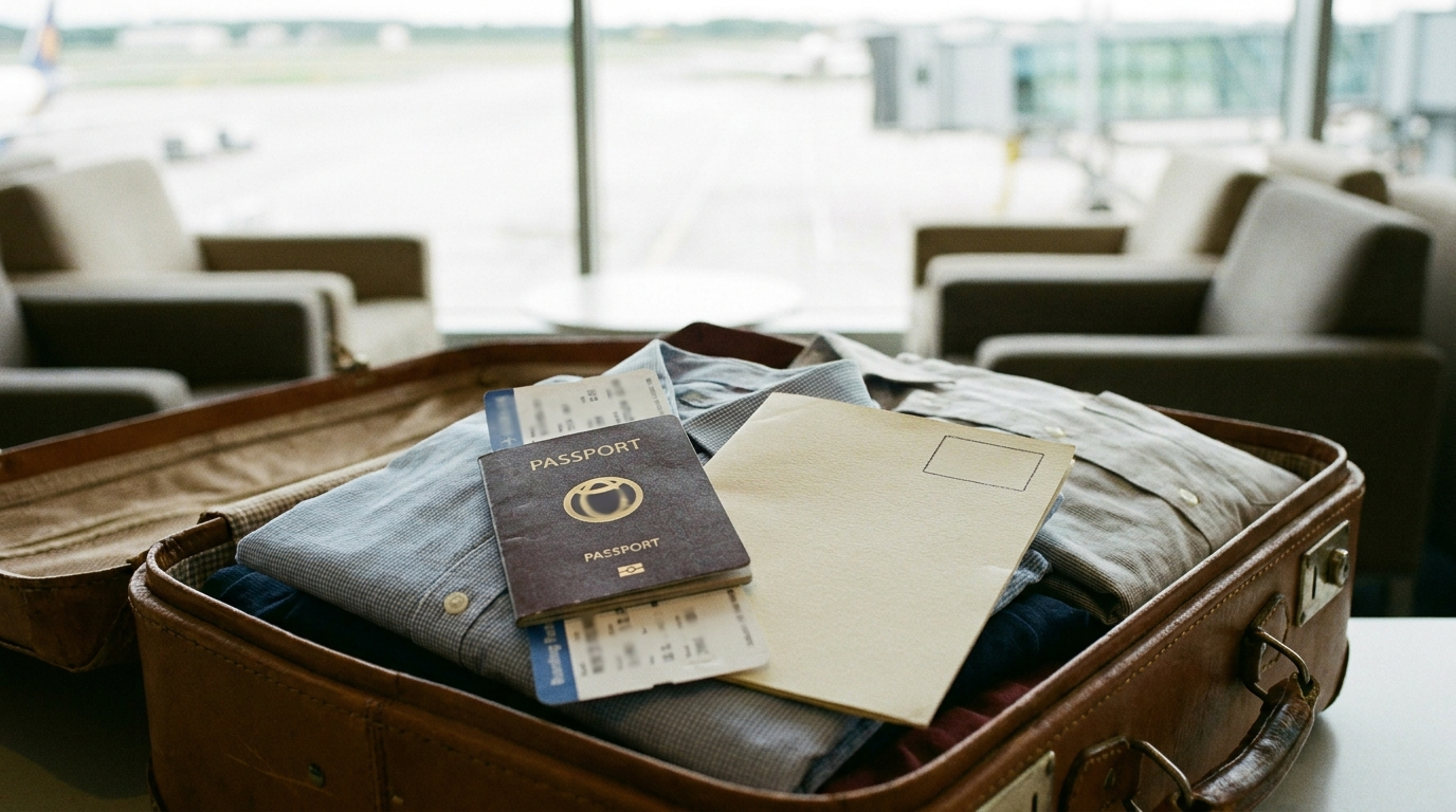A passport, a boarding pass, and a blank official document resting on top of an open suitcase
