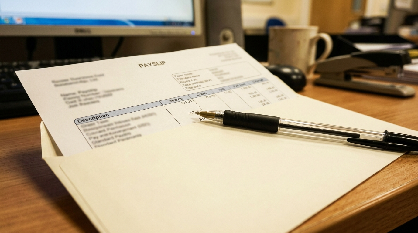 A generic payslip document and a plain envelope on an office desk with a pen resting on top