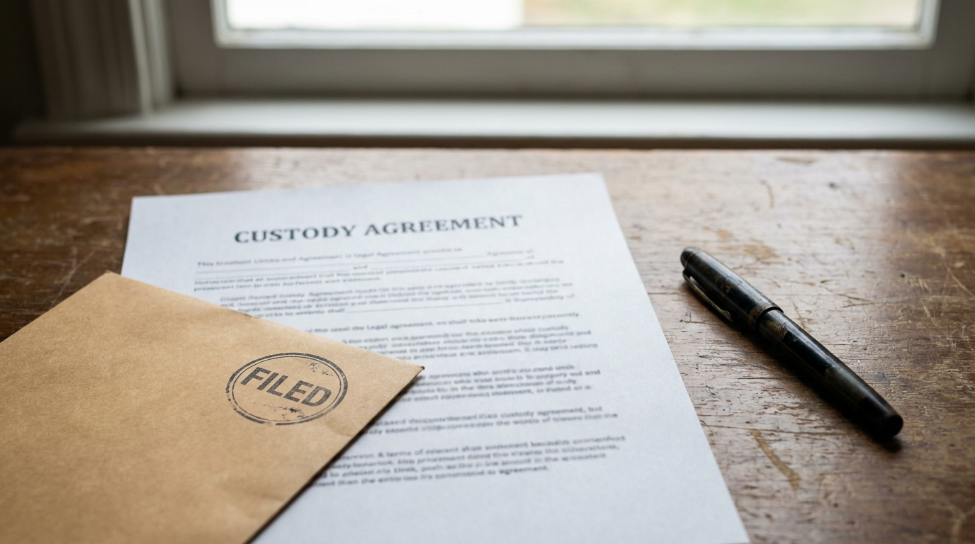 A custody agreement document and a stamped envelope resting on a desk next to a pen