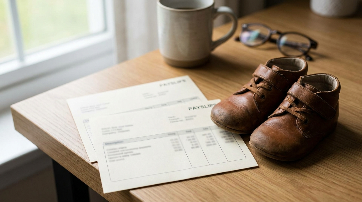 Two payslips laid side by side on a desk next to a small pair of baby shoes