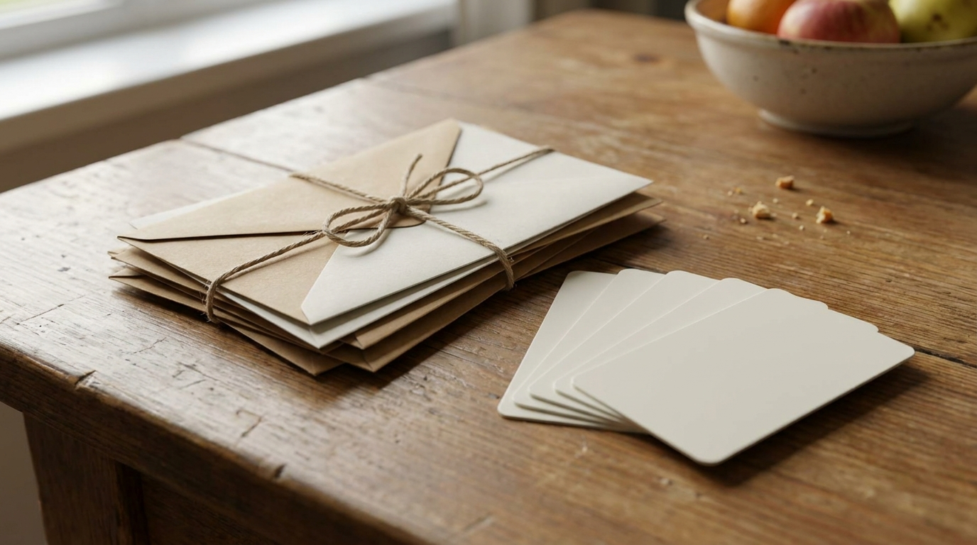 A small stack of official envelopes and blank plastic ID cards fanned out on a kitchen table