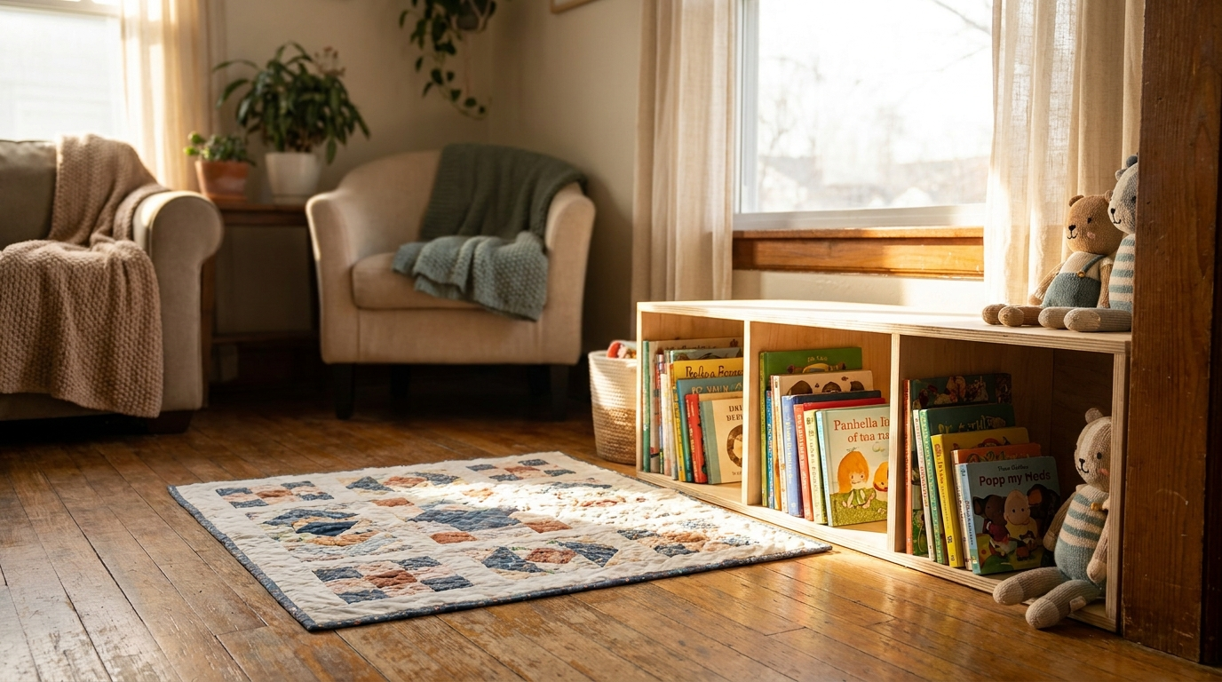 A cozy home living room set up for childcare, with a play mat and picture books