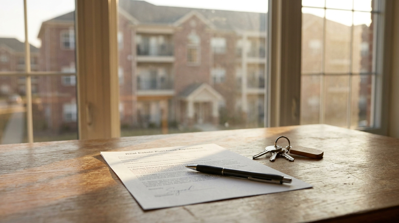 A property purchase contract, a pen, and a set of house keys on a desk, with a multi-unit apartment building visible through the window behind them