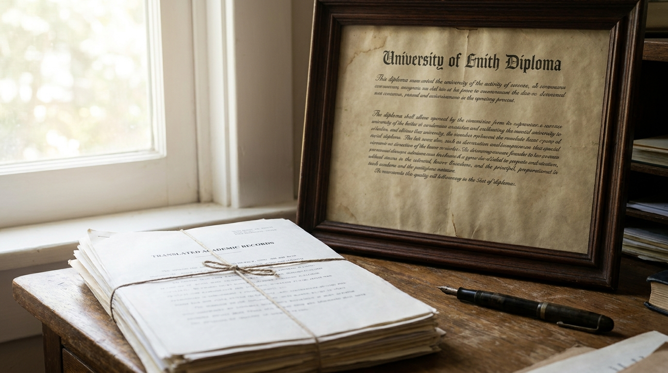 A foreign university diploma certificate and a stack of translated documents resting on a desk next to a fountain pen