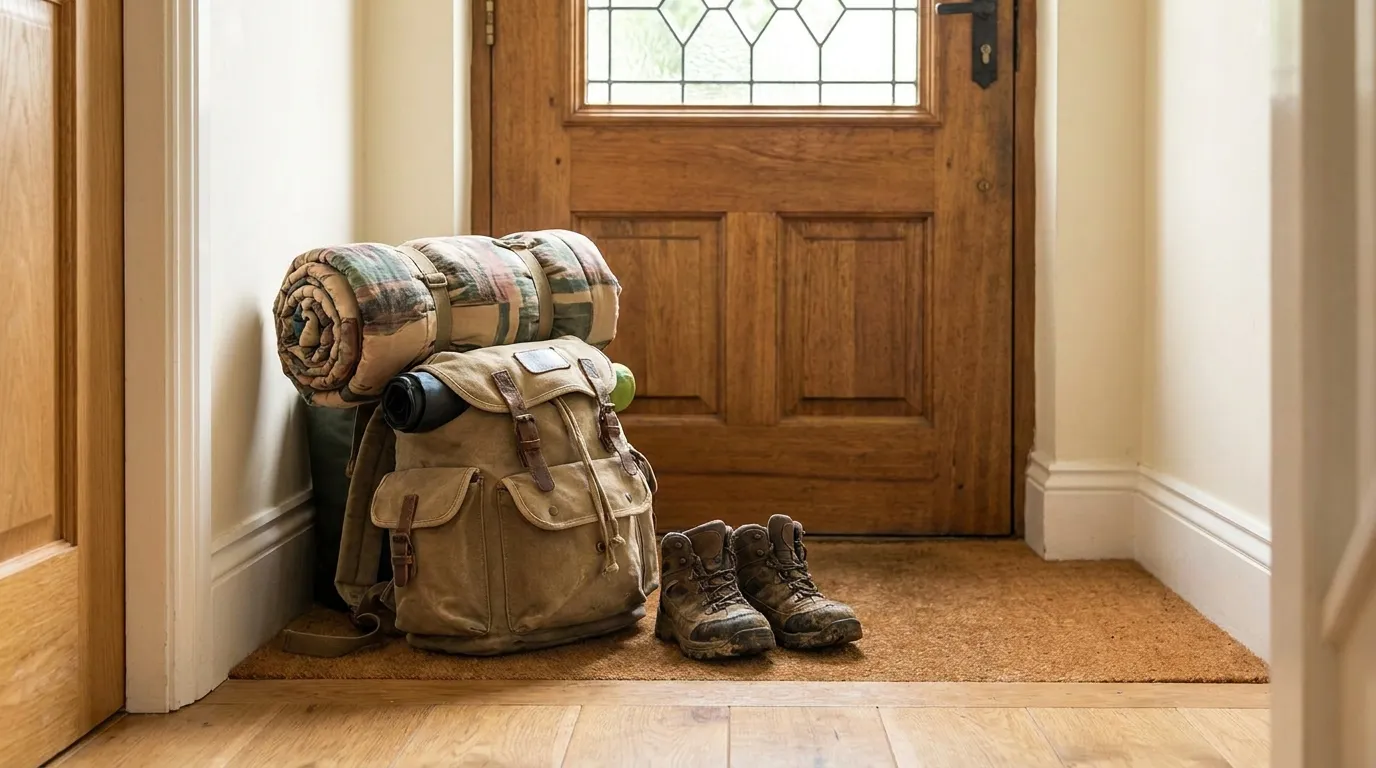 A packed child-size backpack and a rolled sleeping bag sitting by a front door, ready for a trip