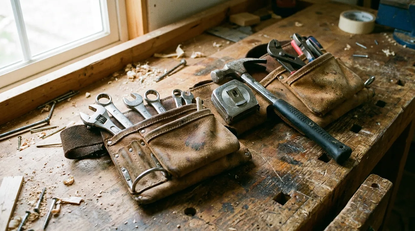 A tradesperson's tool belt with wrenches and a tape measure resting on a wooden workbench
