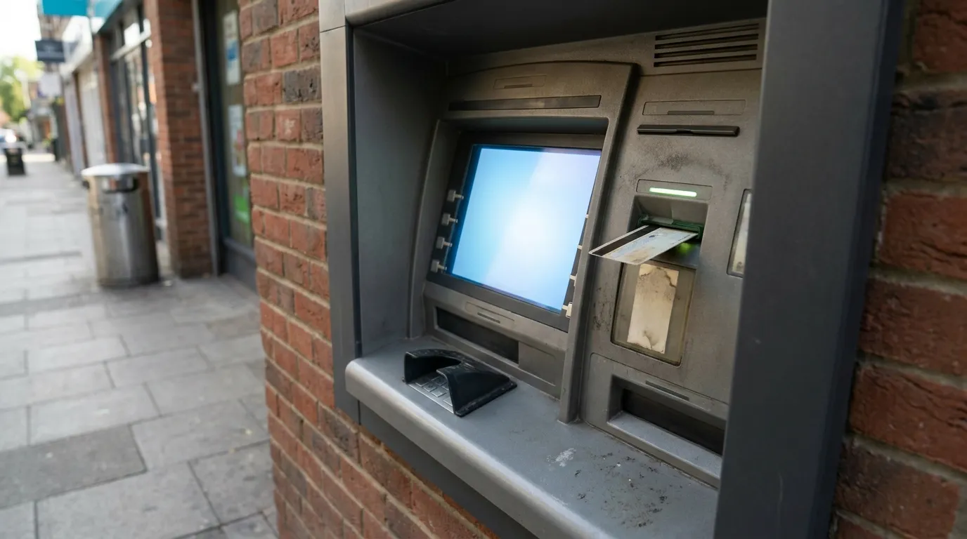 An outdoor ATM machine with a bank card partially inserted and a blank currency-selection screen