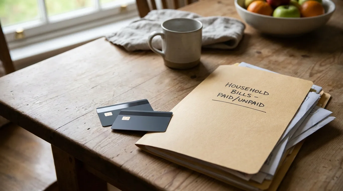 Two bank cards and a household bills folder resting together on a kitchen table