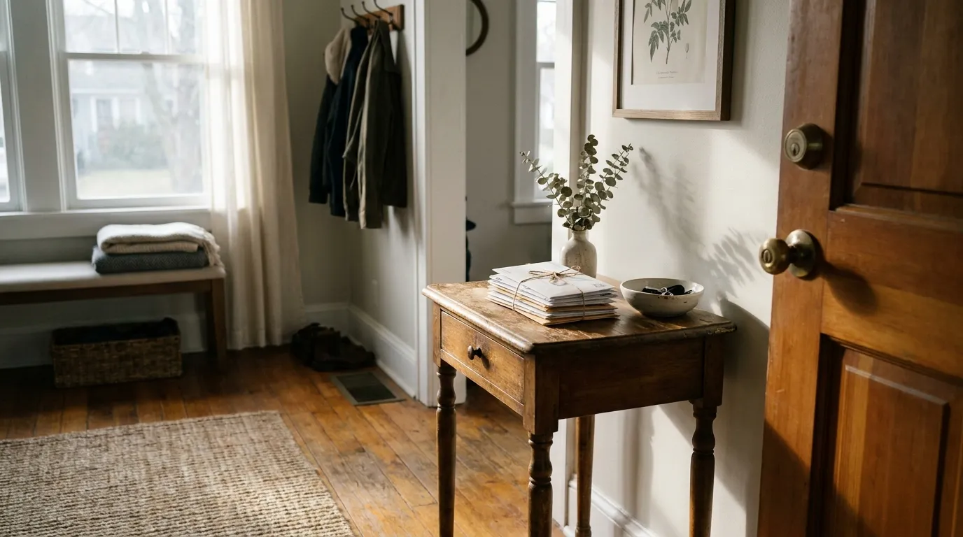 A tidy home entryway with a small side table holding a stack of official-looking envelopes, seen from just inside the front door