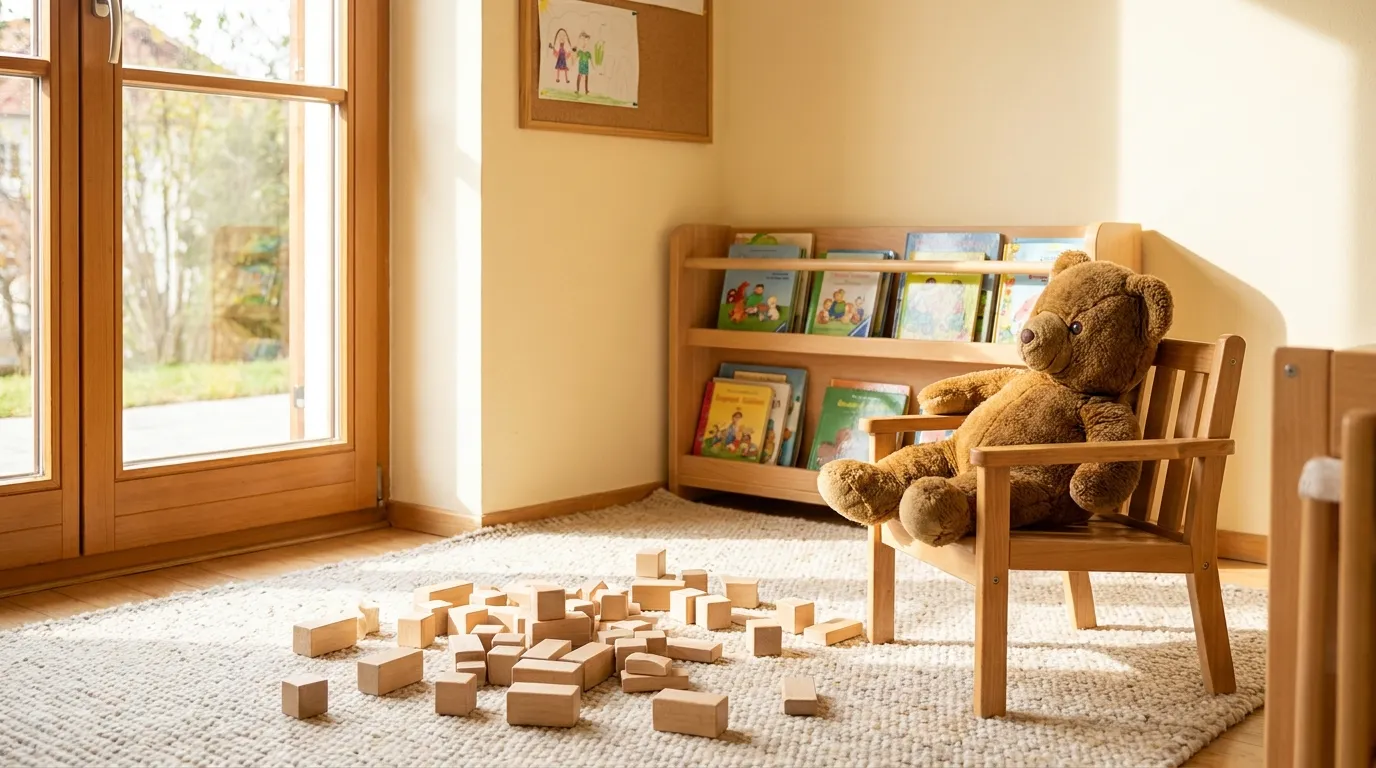 A cozy playroom corner with wooden building blocks, a soft rug, and a teddy bear arranged near a small bookshelf
