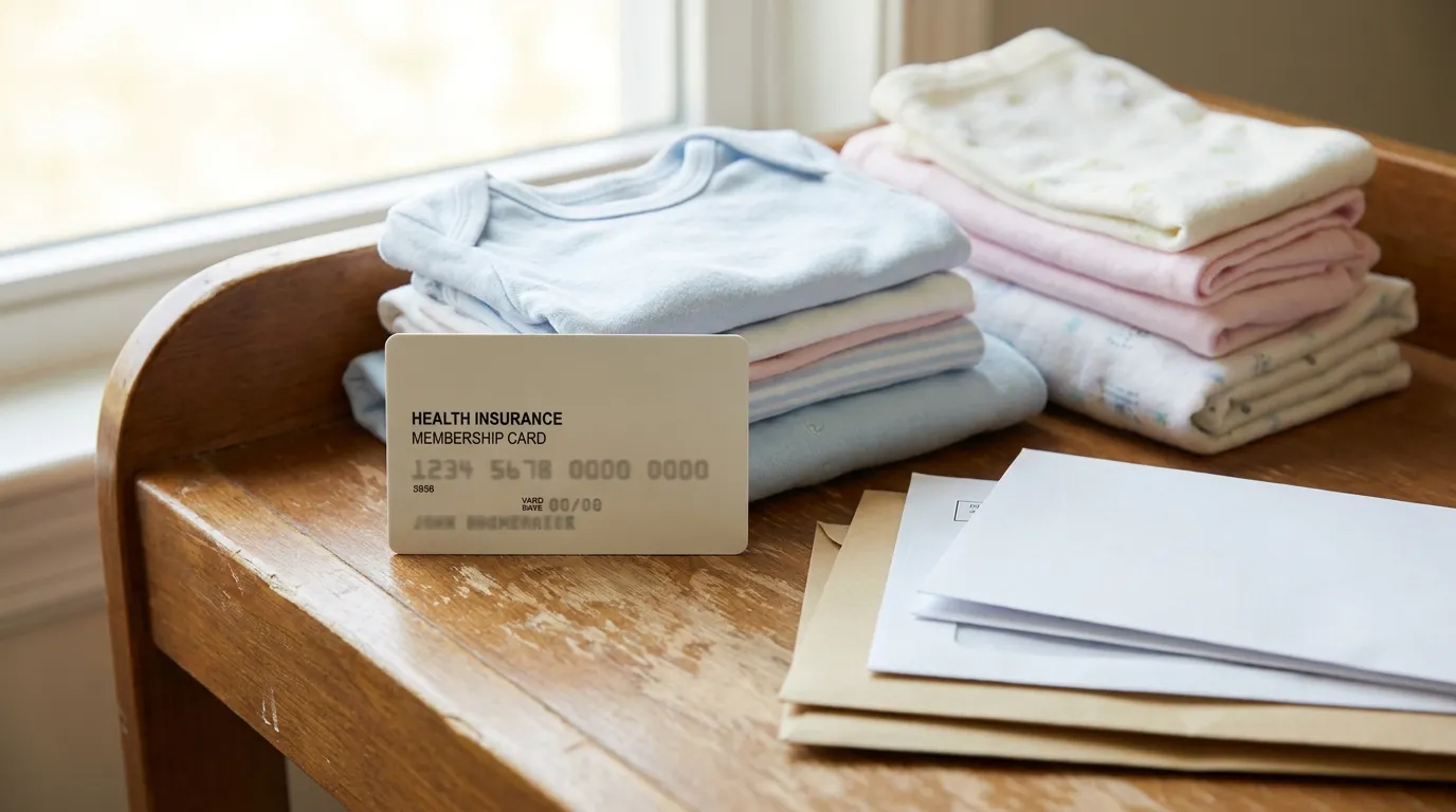 A generic health insurance membership card resting on a wooden changing table next to folded baby clothes and a small stack of documents