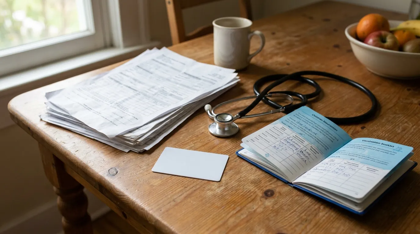 A health insurance card and a stack of medical documents beside a stethoscope and a children's vaccination booklet