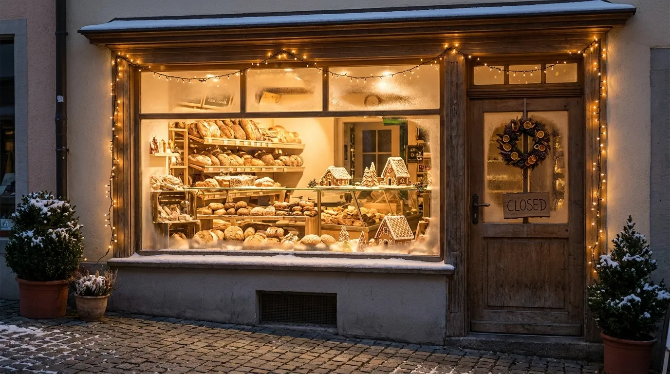 A small bakery storefront window lit up in the evening with a closed sign on the door, string lights, and gingerbread houses on display