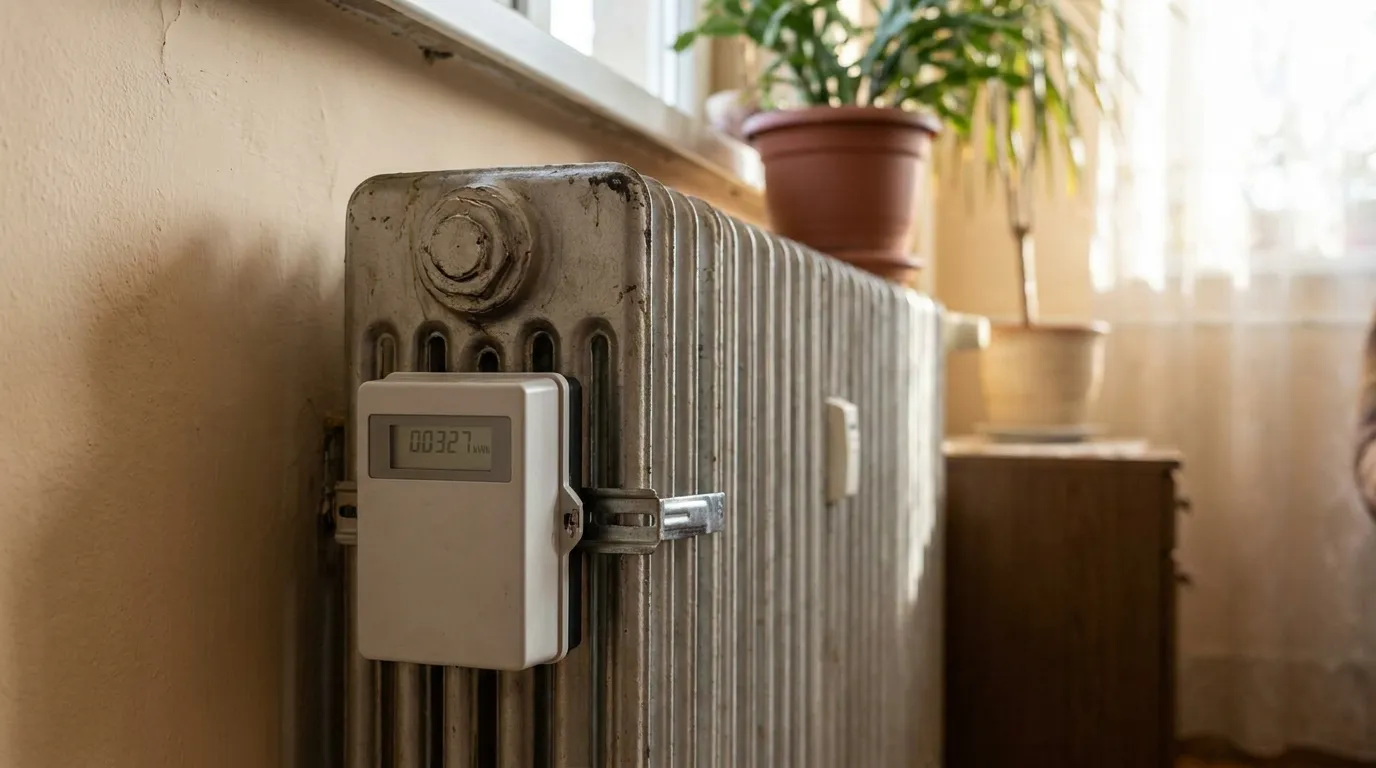 A heat cost allocator meter mounted on a home radiator with its digital display visible