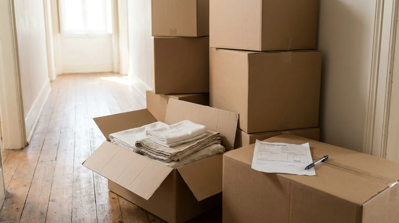 A stack of moving boxes in a hallway, one open box showing folded linens, next to a paper customs declaration form and a pen