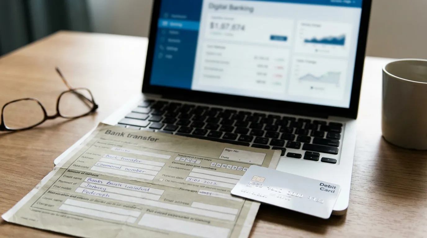 A bank transfer form and a plain debit card resting on a desk next to a laptop with a blurred banking interface