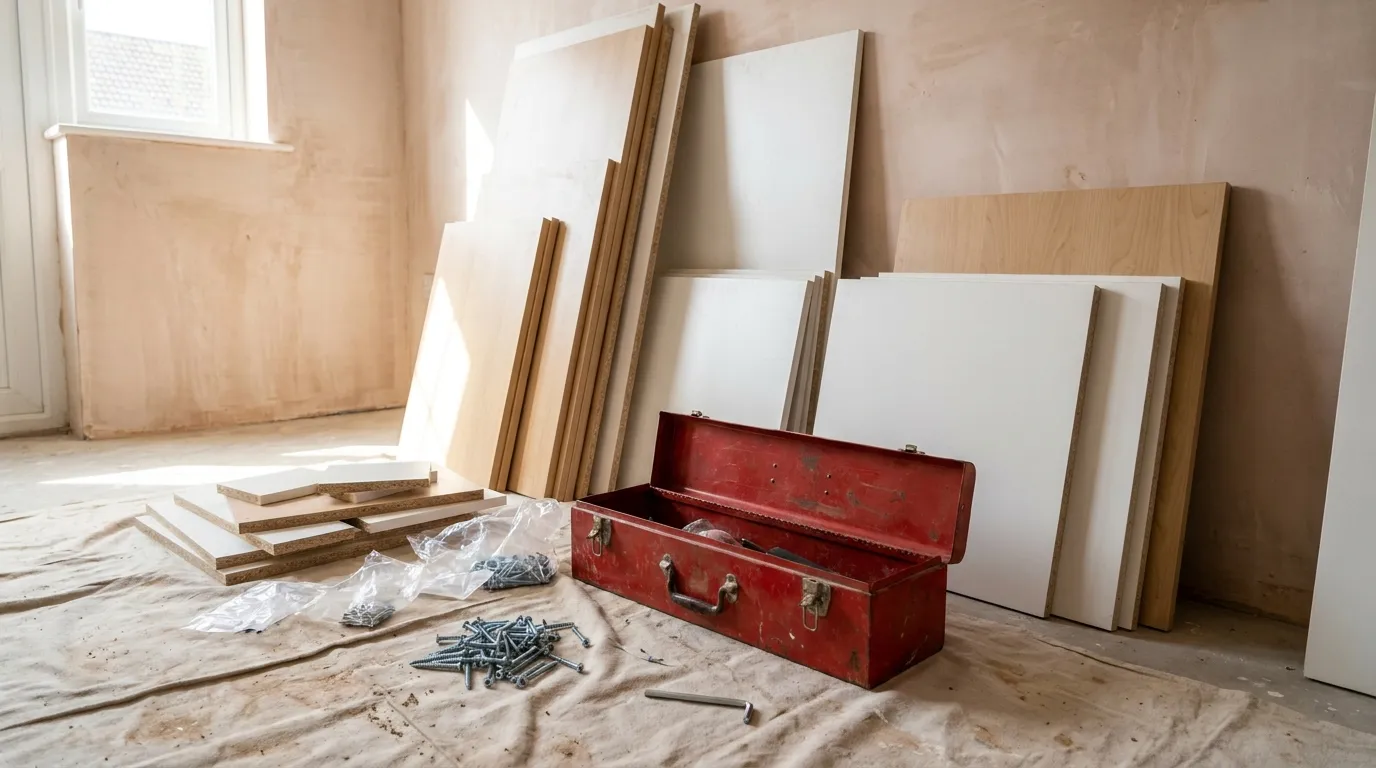 Flat-pack kitchen cabinet panels leaning against a wall with a toolbox and screws nearby