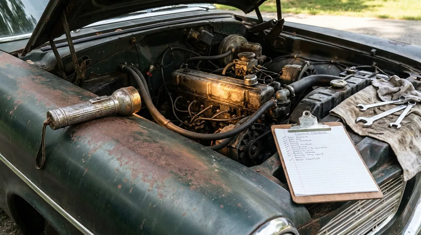 A car's open engine bay being inspected with a mechanic's flashlight and clipboard resting on the fender