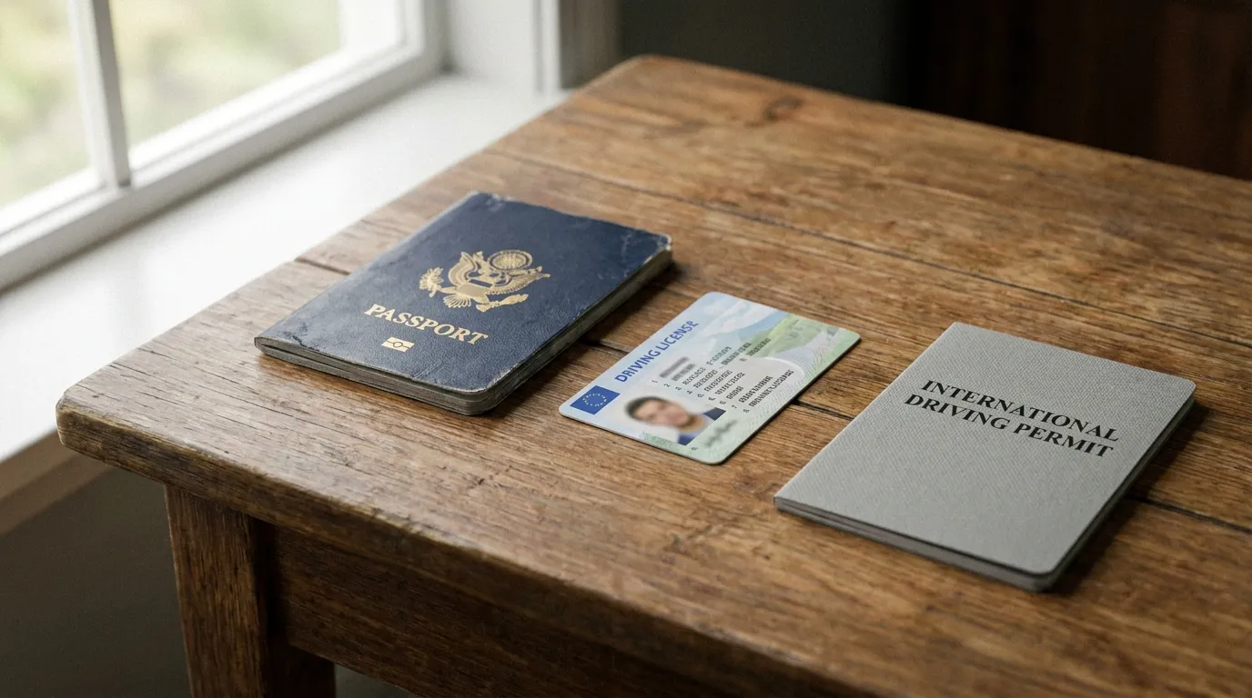 A passport, a driving license, and an international driving permit booklet arranged on a table