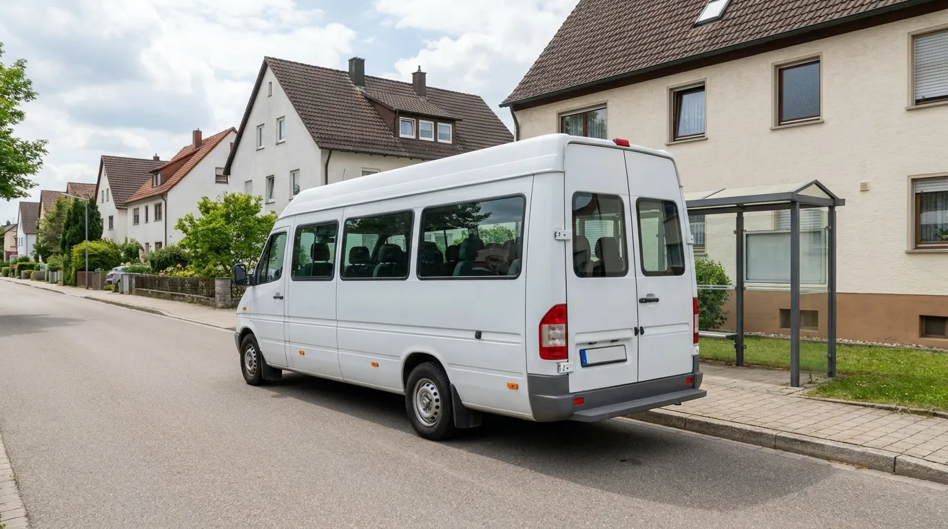 A plain white European coach-style minibus parked at an empty curbside stop on a quiet residential street, no people visible