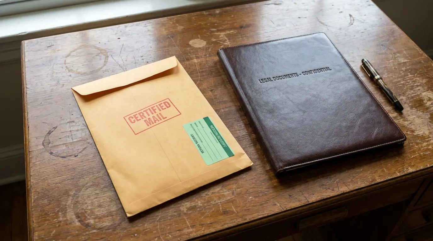 A registered mail envelope with a certified delivery stamp resting on a desk next to a folder of documents
