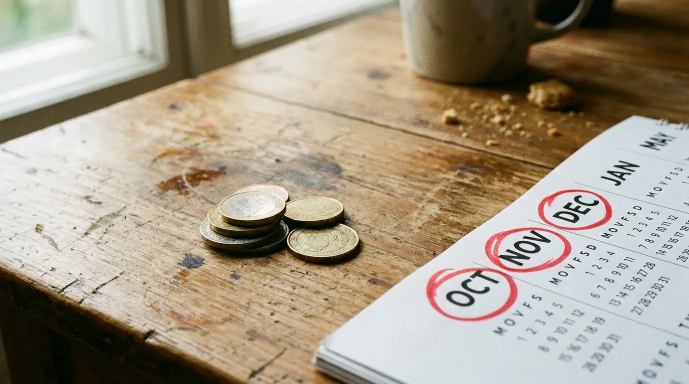 A small stack of euro coins and a calendar with three months circled, resting on a kitchen table