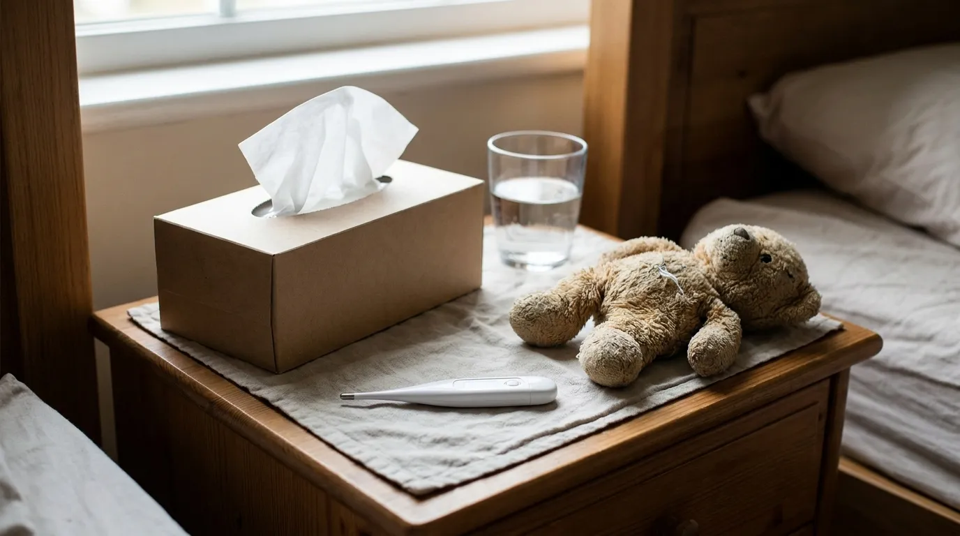 A child's digital thermometer, a box of tissues, and a glass of water on a nightstand beside a stuffed toy