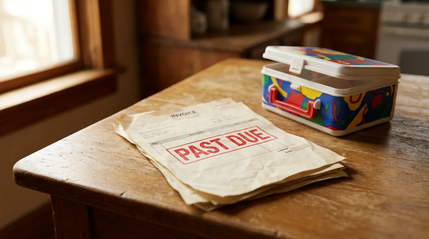 A stack of overdue invoices with a red past-due stamp next to a small child's lunch box on a kitchen table