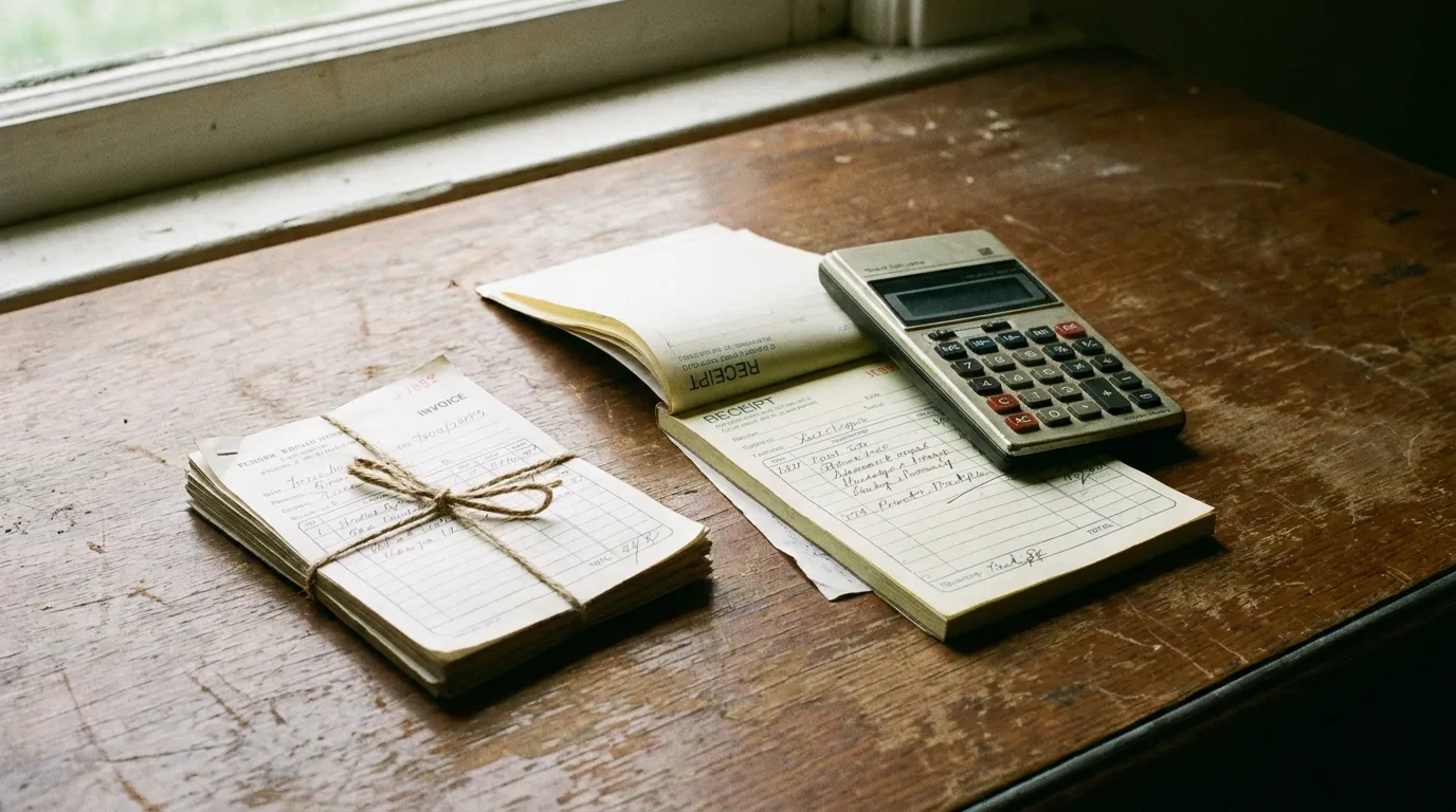 A small stack of handwritten invoices, a receipt booklet, and a pocket calculator on a home-office desk