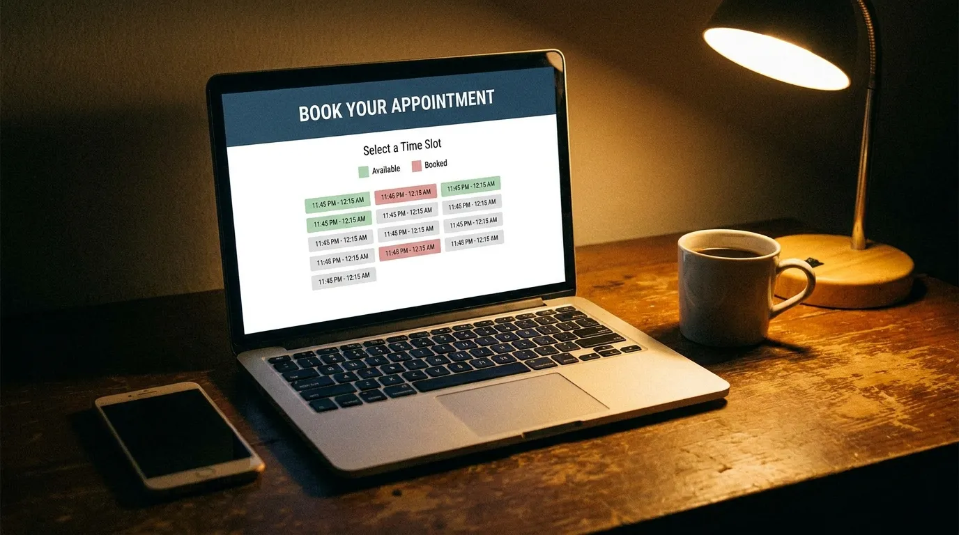 A laptop screen showing an online appointment booking calendar late at night, with a phone and a cup of coffee beside it